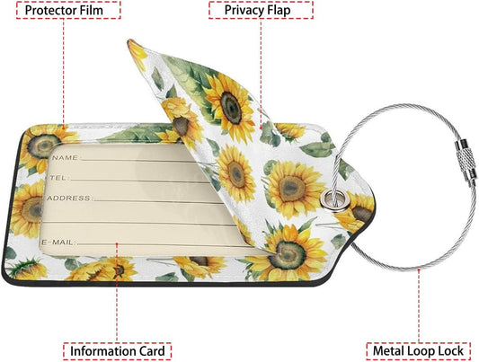 Watercolor Floral Sunflowers 2-Pack Luggage Tags for Suitcases,Leather Baggage Tag with Loop, Tags Private Name ID Labels for Women Girl Men Boys Travel Baggage Suitcase