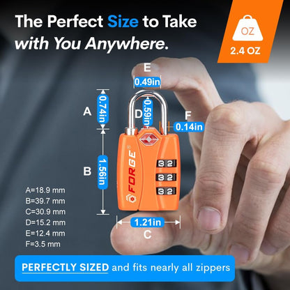 Forge TSA Luggage Combination Lock - Open Alert Indicator, Easy Read Dials, Alloy Body- Ideal for Travel, Lockers, Bags (Orange 2PK)