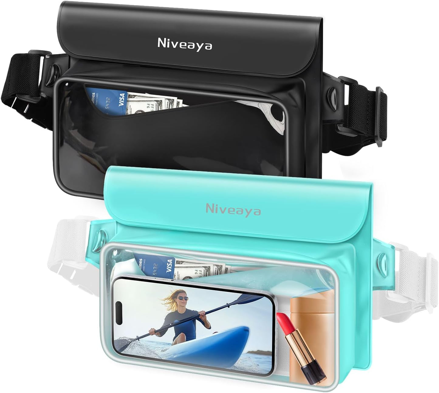 Niveaya IP68 Waterproof Fanny Pack - 2 Pack, Floating Dry Bag Pouch, Phone Waterproof Waist Pouch Dry Bag, Beach, Kayaking, Swimming, Boat Essentials, for iPhone 16/15/14/13/12 Pro Max up to 9.5"