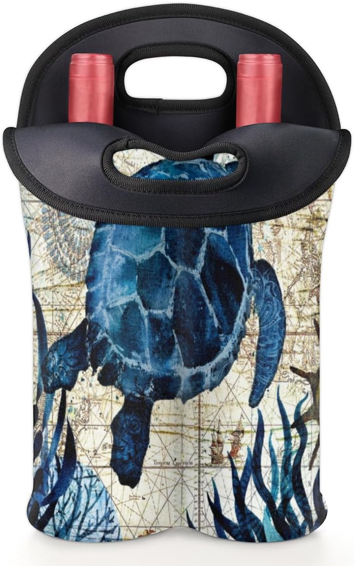 Vintage Sea Turtle 2 Bottle Wine Carrier Tote Bag Insulated Neoprene Portable Wine Cooler for Travel Picnic Beach