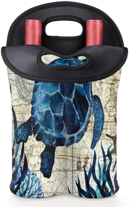 Vintage Sea Turtle 2 Bottle Wine Carrier Tote Bag Insulated Neoprene Portable Wine Cooler for Travel Picnic Beach