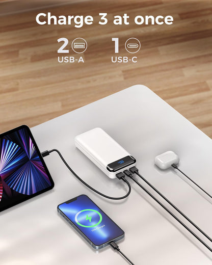 Portable Charger Power Bank 40000mAh Powerbank PD 30W and QC 4.0 Fast Charging External Battery Pack with USB-C LED 3 Outputs & 2 Inputs Portable Charging for iPhone 15 14 13 (White)