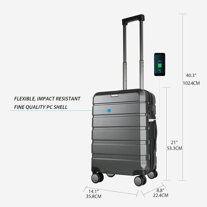 KROSER Hardside Expandable Carry On Luggage with Spinner Wheels & Built-in TSA Lock, Durable Suitcase Rolling Luggage with USB Port, Carry-On 20-Inch Steel Grey