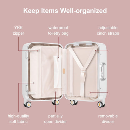 LEVEL8 Zipperless Carry On Luggage Airline Approved with Aluminum Frame, Cute Hardshell Suitcase with Spinner Wheels, Metal Rolling Travel Case with Tsa Locks, 20 Inch, Off White