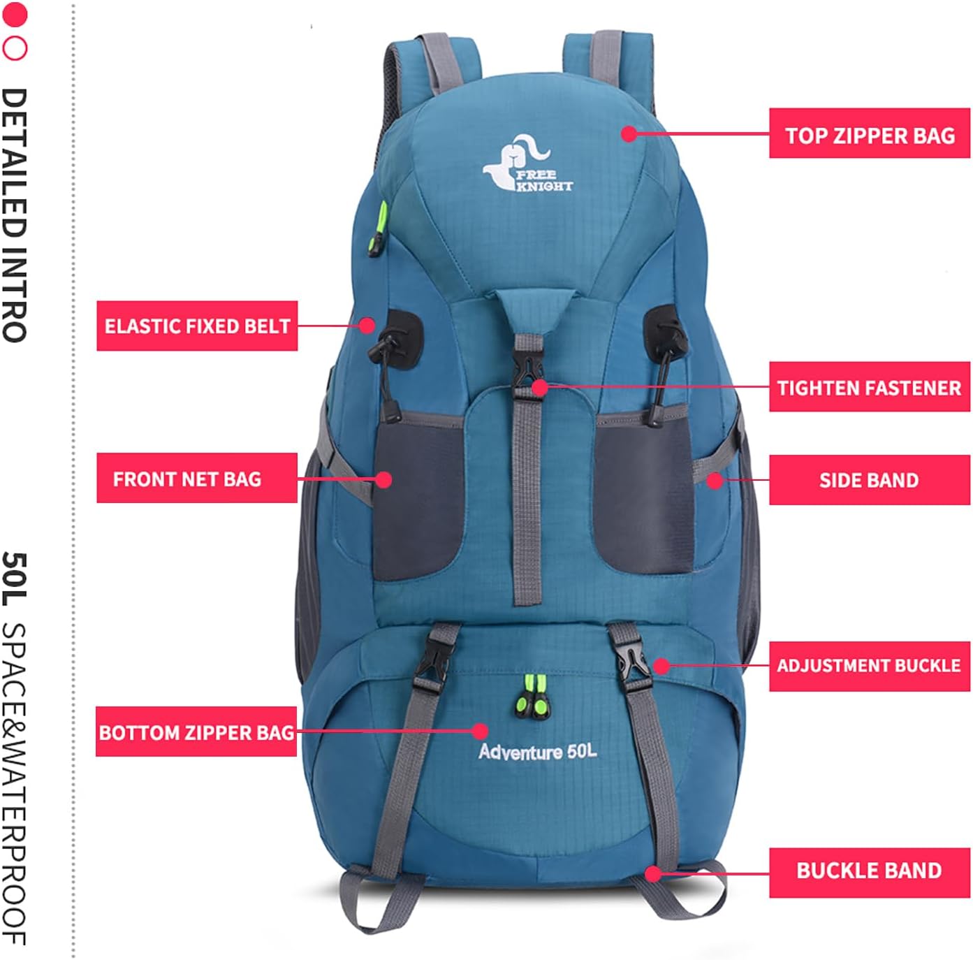 Bseash 50L Hiking Backpack, Water Resistant Lightweight Outdoor Sport Daypack Travel Bag for Camping Climbing Skiing Cycling (Blue Green - With Shoe Compartment)