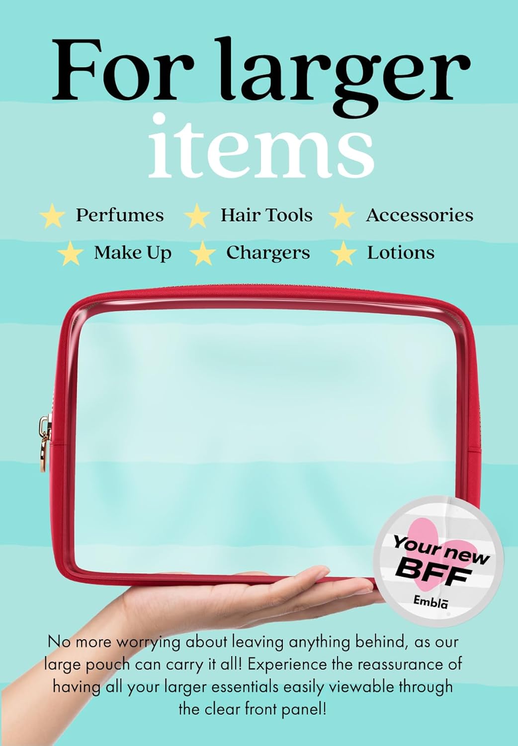 Clear Makeup Bag Zipper Pouch, Transparent Cosmetic Case Organizer, TSA Approved Travel Toiletry Case, Travel Accessories Essentials Makeup Tote for Women, Large Cute Make up Bag for Purse - Ruby