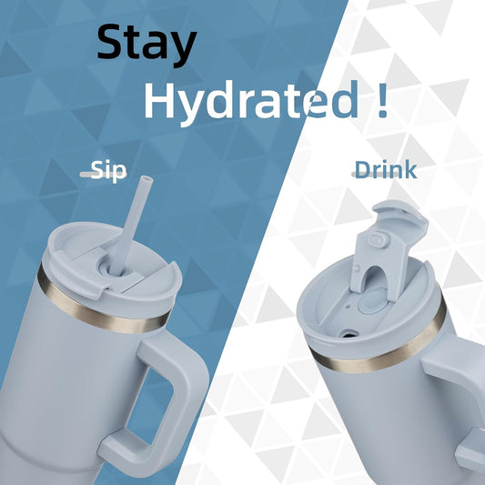 40 oz Tumbler with Handle and 2 Straws,2 in 1 Lid Insulated Water Bottle Stainless Steel Travel Coffee Mug,Lavender