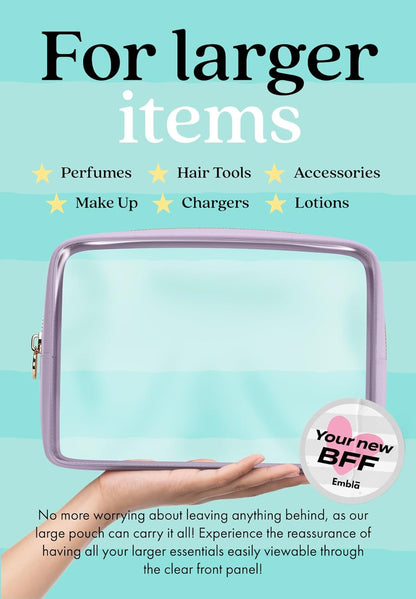 Clear Makeup Bag Zipper Pouch, Transparent Cosmetic Case Organizer, TSA Approved Travel Toiletry Case, Travel Accessories Essentials Makeup Tote for Women, Large Cute Make up Bag for Purse - Lilac