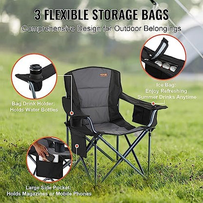 VEVOR Oversized Camping Folding Chair, Portable Heavy Duty Outdoor Quad Lumbar Back Padded with Side Pockets, Cup Holder and Cooler Bag for Beach, Lawn, Picnic, Fishing, Backpacking, Black