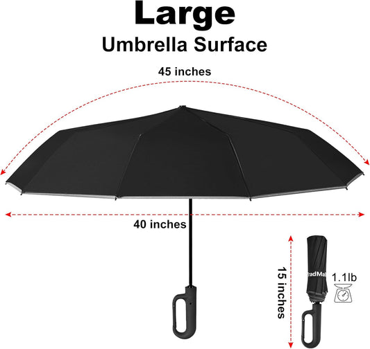 TradMall Travel Umbrella, 280T Fabric Windproof Automatic Portable Compact Folding Umbrellas for Rain with Reflective Stripe for Women and Men