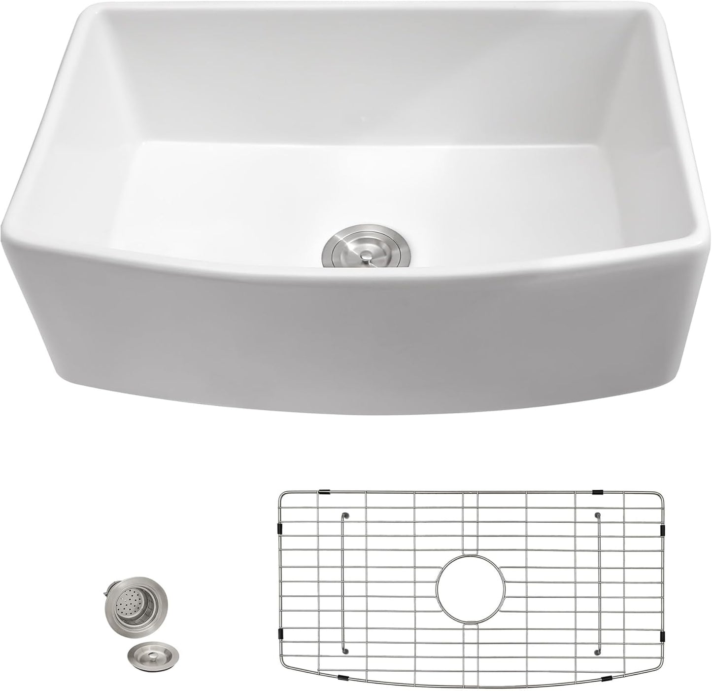 33x19 Farmhouse Kitchen Sink - Farm Curved Apron Front Ceramic Porcelain Fireclay Single Bowl Basin