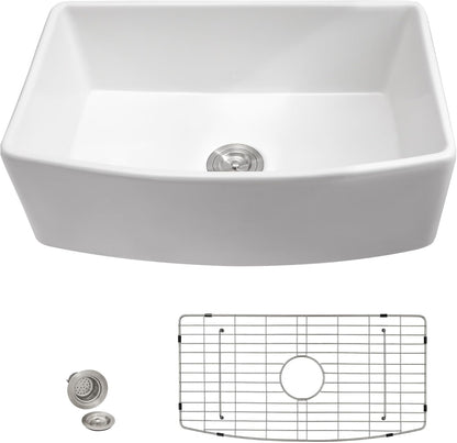 33x19 Farmhouse Kitchen Sink - Farm Curved Apron Front Ceramic Porcelain Fireclay Single Bowl Basin