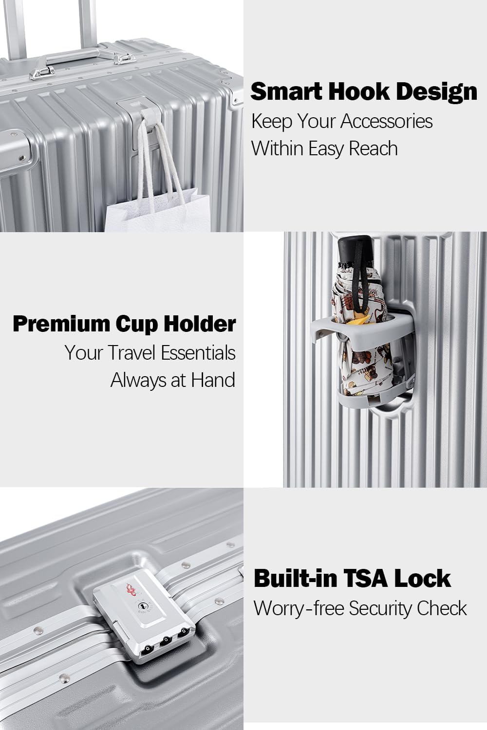 HotWay 24 Inch Aluminum Frame Luggage with Spinner Wheels, PC Hard Shell Suitcase with Cup Holder, Zipperless Luggage for Business Travel, Silver