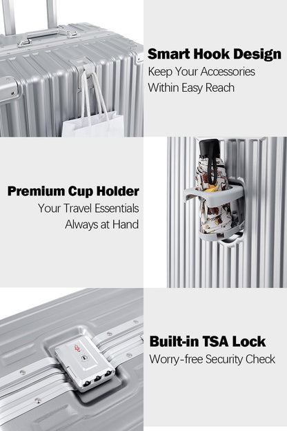 HotWay 24 Inch Aluminum Frame Luggage with Spinner Wheels, PC Hard Shell Suitcase with Cup Holder, Zipperless Luggage for Business Travel, Silver