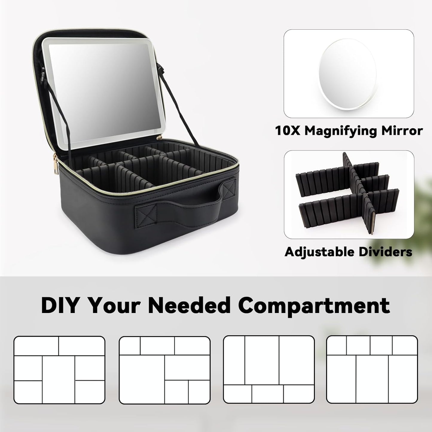 Travel Makeup Bag with LED Mirror and 10x magnifying glass with 3 Lighted Settings, Adjustable Dividers and Makeup Brush Storage Bag Black