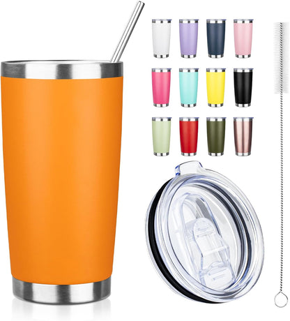 20oz Tumbler with Straw and Brush, Stainless Steel Vacuum Insulated tumbler, Double Wall Insulated Coffee Tumbler for Outdoor, Home, Travel,Office (Orange,1pcs)
