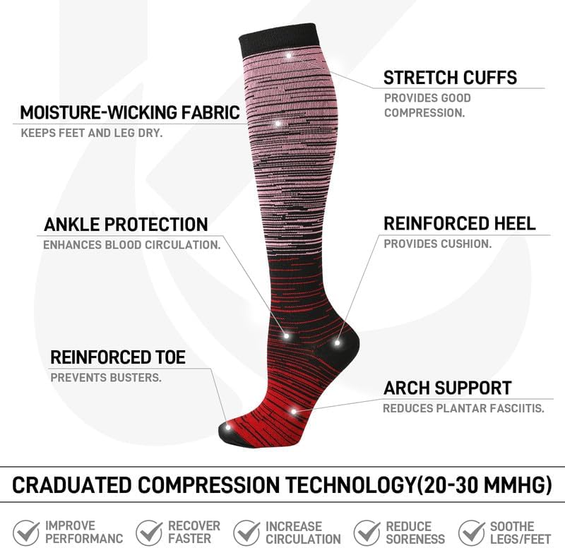Kickticks 4 Pairs Compression Socks for Woman & Man Unisex 20-30mmHg Knee high Plus Size Wide Calves for Flying Running…