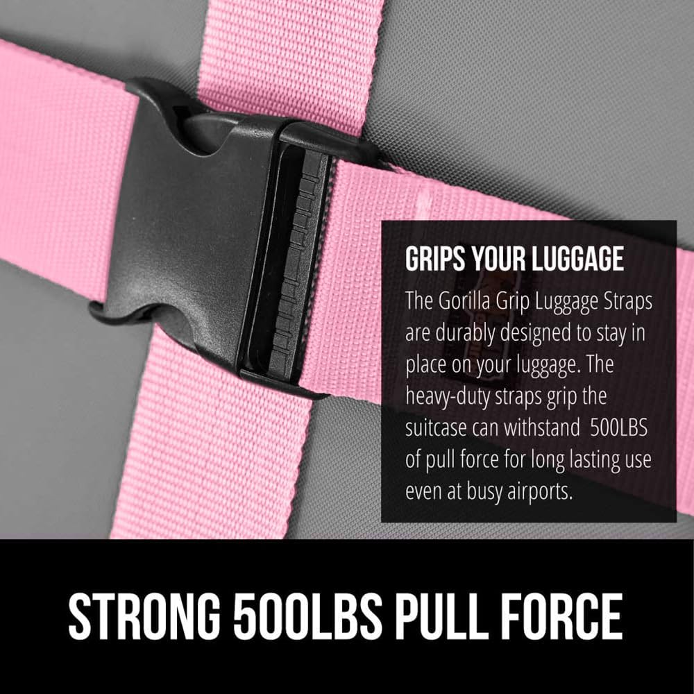 GORILLA GRIP Heavy Duty Adjustable Luggage Straps for Suitcases, Easy to Identify Travel Belt Connector Holds Suitcase Together, Extends Life of Bag, Strap Connects Two Bags, Accessories 2 Pack Pink