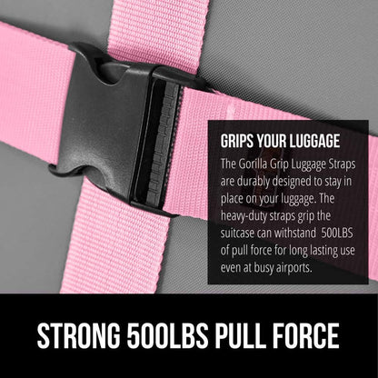 GORILLA GRIP Heavy Duty Adjustable Luggage Straps for Suitcases, Easy to Identify Travel Belt Connector Holds Suitcase Together, Extends Life of Bag, Strap Connects Two Bags, Accessories 2 Pack Pink