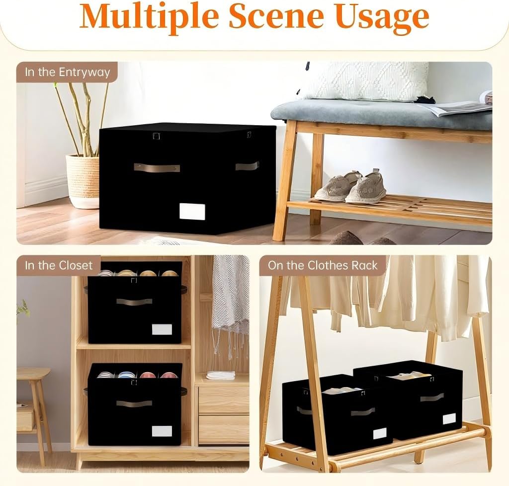 3 Pack Shoe Organizer for Closet, Foldable Shoe Storage Containers, Fits up to 24-48 Pairs, Shoe Storage Organizer Box Cubby Baskets Bins with Clear Cover and Reinforced Handles, Black