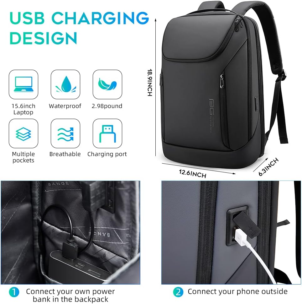 BANGE Business Smart Backpack Waterproof fit 15.6 Inch Laptop Backpack with USB Charging Port,Travel Durable Backpack