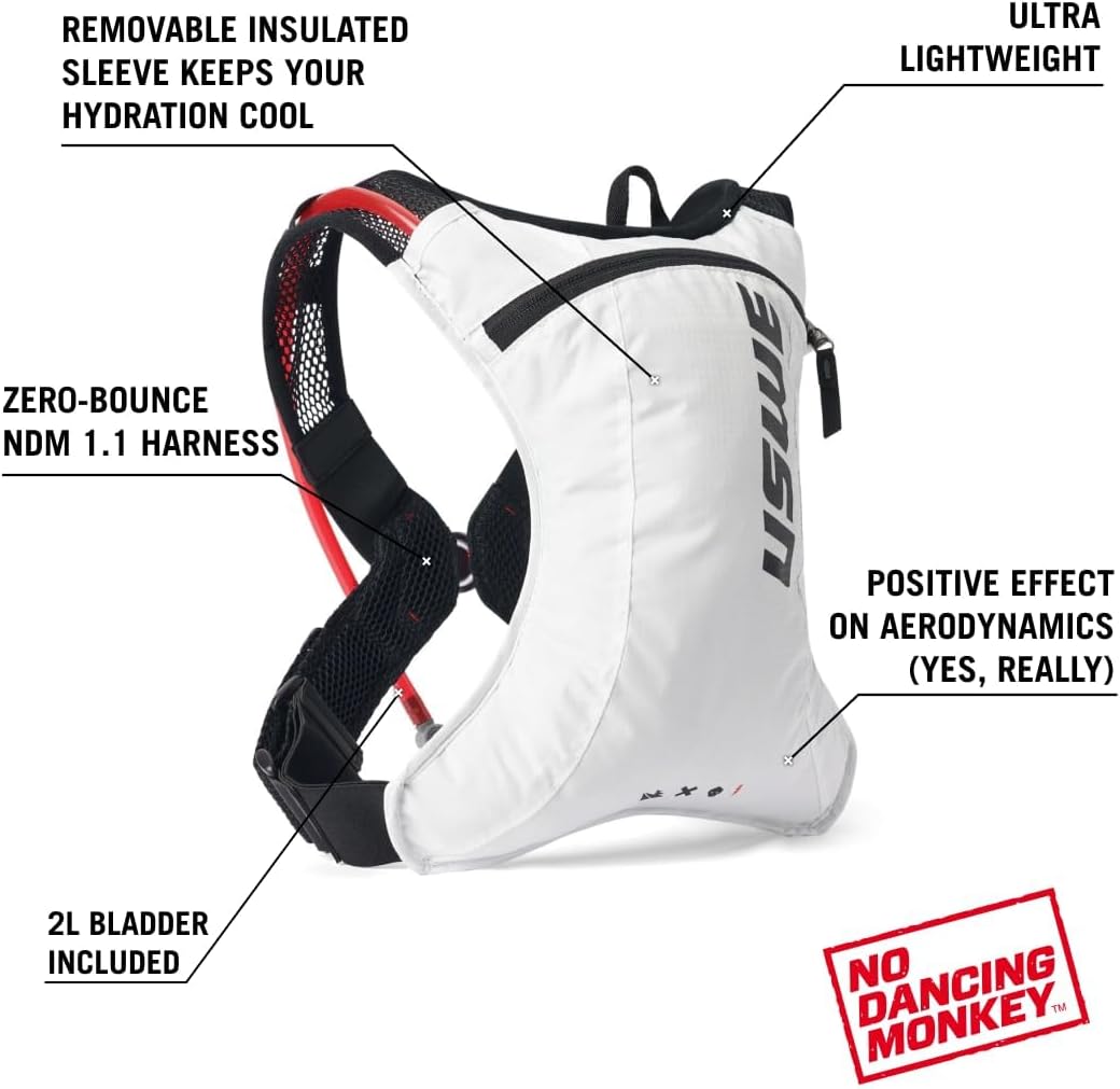 USWE Race 2.0, Ultra Lightweight Hydration Backpack with 2.0L / 70oz Water Bladder, Leak Proof Pack for Gravel, MTB, Running, Hiking, Cycling, Camping, Biking for Men,Women