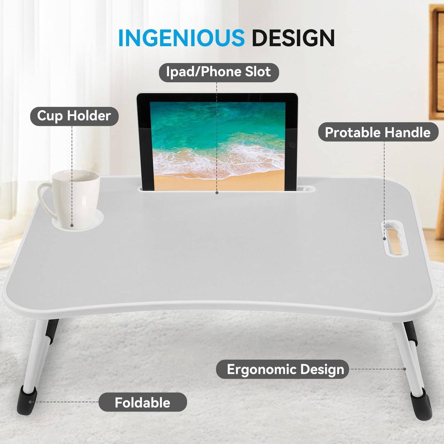 BUYIFY Folding Lap Desk, 23 Inch Portable Wood Grey Laptop Bed Desk Lap Desk with Cup Holder, for Working Reading Writing, Eating, Watching Movies for Bed Sofa Couch Floor