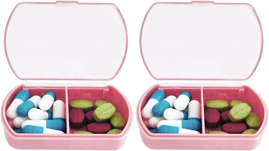 2PCS Small Pill Case Travel Pill Box Cute Pill Organizer for Purse Portable Daily Medicine Organizer 2 Compartment Pill Holder for Vitamins, Fish Oil, Supplements