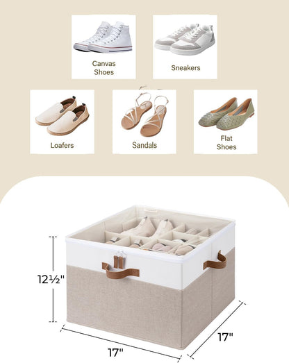 StorageWorks Shoe Organizer for Closet, Fits up to 16 Pairs, Shoe Cubby Storage Containers with Adjustable Dividers and Clear Cover, Brown & White