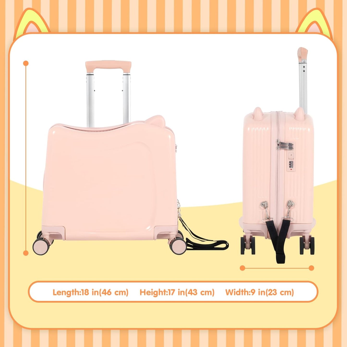 20" Ride-On Travel Suitcase for Kids, Cute Ear Toddler Carry on Luggage with Spinner Wheels & Anti-Lose Rope, Children Rolling Trolly Luggage with Password Lock (Pink with Rope)