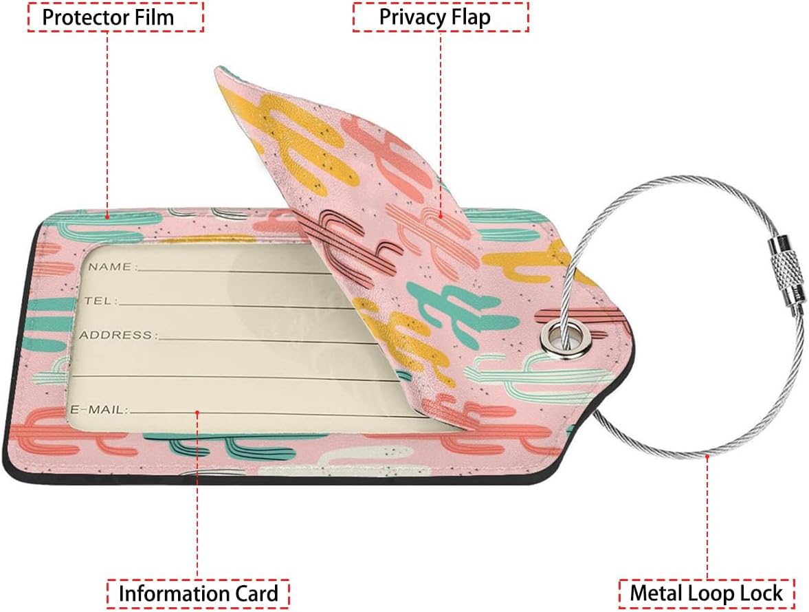 Multicolored Cactus 2 Pcs Luggage Tags,Privacy Cover ID Label with Stainless Steel Loop and Address Card for Travel Bag Suitcase