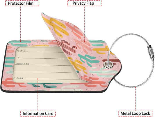 Multicolored Cactus 2 Pcs Luggage Tags,Privacy Cover ID Label with Stainless Steel Loop and Address Card for Travel Bag Suitcase