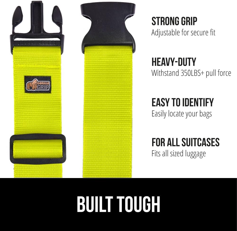 GORILLA GRIP Heavy Duty Adjustable Luggage Straps for Suitcases, Easy to Identify Travel Belt Connector Holds Suitcase Together, Extends Life of Bag, Strap Connects Two Bags, Accessories 2 Pack Yellow
