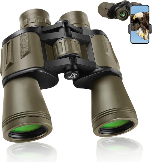 20x50 Binoculars for Adults High Powered, Military Compact HD Waterproof Binoculars with Low Light Vision for Bird Watching Travel Hunting Football Games Stargazing with Carrying Case and Strap(Mud)