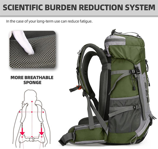 King'sGuard 60L Hiking Backpack Large Waterproof Camping Backpack for Men and Women Lightweight Frameless Backpacking Backpack with Rain Cover (Army Green)