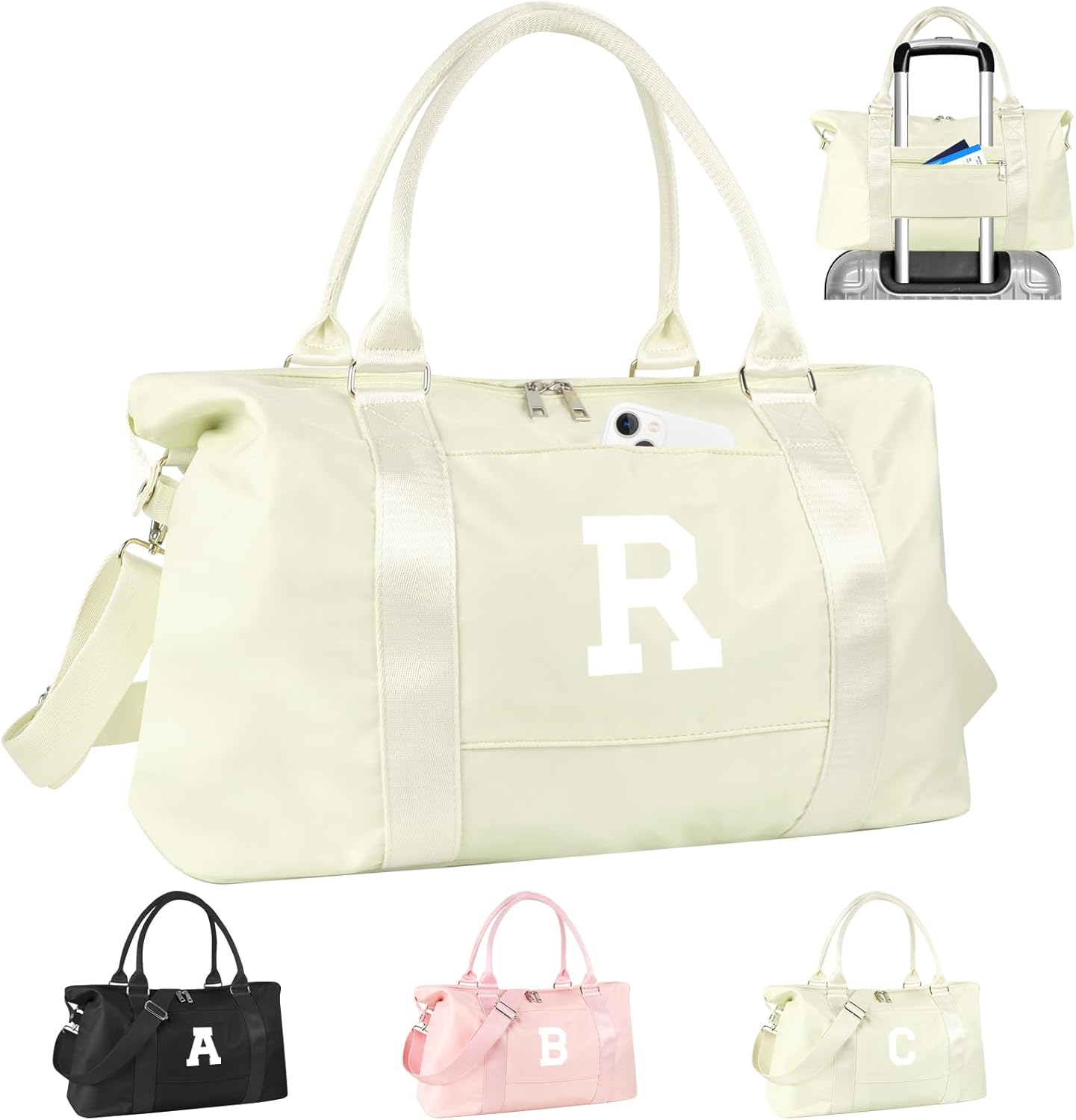 Initial Travel Duffel Bag Sports Gym Bag for Kids Teen Birthday Gifts,Beige Personalized Weekender Bag Carry On Dance Bags for Women Men,Waterproof Monogram Overnight Bag with Trolley Sleeve(Letter R)