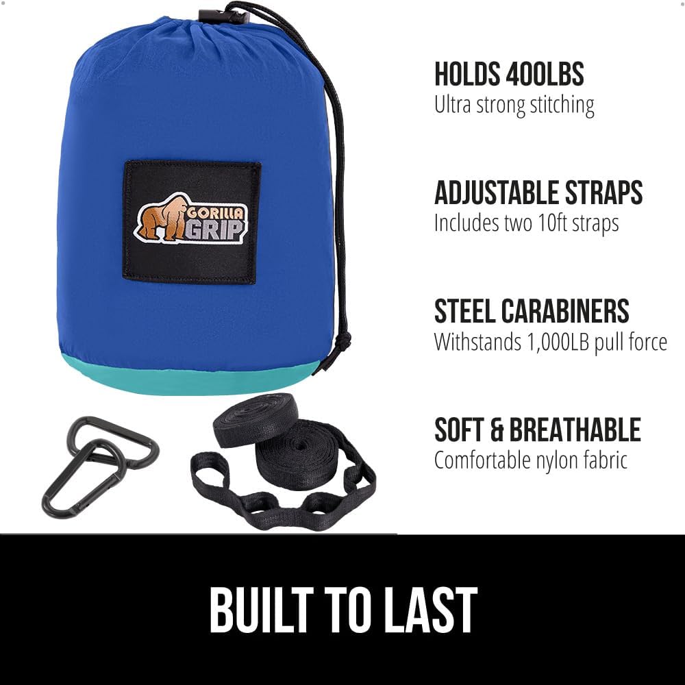 GORILLA GRIP Durable Portable Camping Hammock, Holds 400lbs with Heavy Duty Tree Straps, Comfortable Travel Swing, Camp Hammocks, Easy to Use and Install, Outdoor Essentials, Blue, 9x4.5 FT