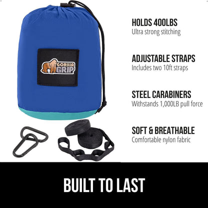 GORILLA GRIP Durable Portable Camping Hammock, Holds 400lbs with Heavy Duty Tree Straps, Comfortable Travel Swing, Camp Hammocks, Easy to Use and Install, Outdoor Essentials, Blue, 9x4.5 FT