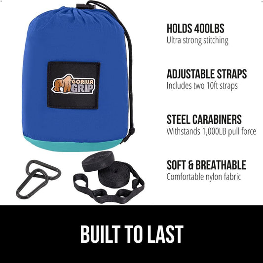 GORILLA GRIP Durable Portable Camping Hammock, Holds 400lbs with Heavy Duty Tree Straps, Comfortable Travel Swing, Camp Hammocks, Easy to Use and Install, Outdoor Essentials, Blue, 9x4.5 FT