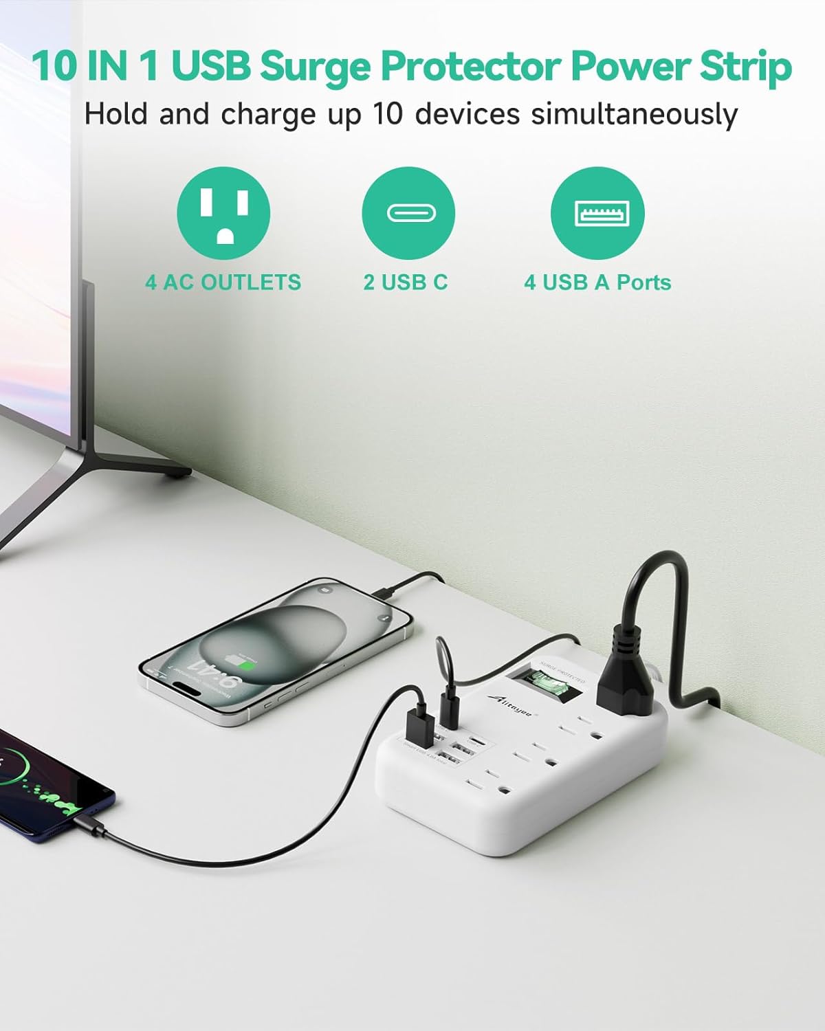 Alitayee 6 USB(2 USB C) Surge Protector Power Strip- Travel Power Strip with 24W USB Charging Station and 4 Extendable Outlet Extender, 6Ft Flat Extension Cord with Wall Mounted for Travel Home Dorm
