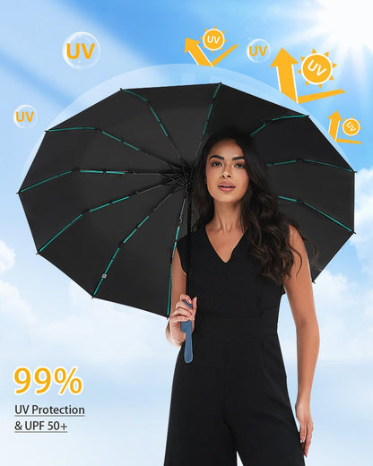 Large Double-Ribs Umbrella Automatic Folding Umbrella for Women Men, Travel, UPF 50+ UV Protection