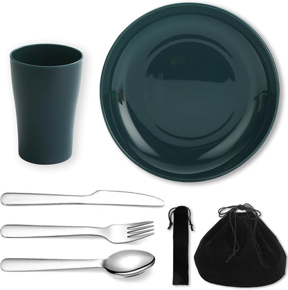 Evanda Camping Cutlery Set, Reusable Light Weight Mug, Plate and Stainless Steel Cutlery Set with Black Bag, Dishwasher Safe