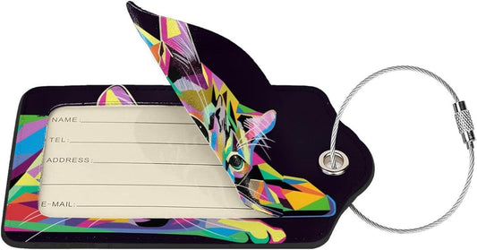 Cat Leather Luggage Tag with Stainless Steel Ring, Fun Name Id Card Cover Travel Bag Tag Set, Suitable for Travel Bag Luggage Women Men 2 PCS