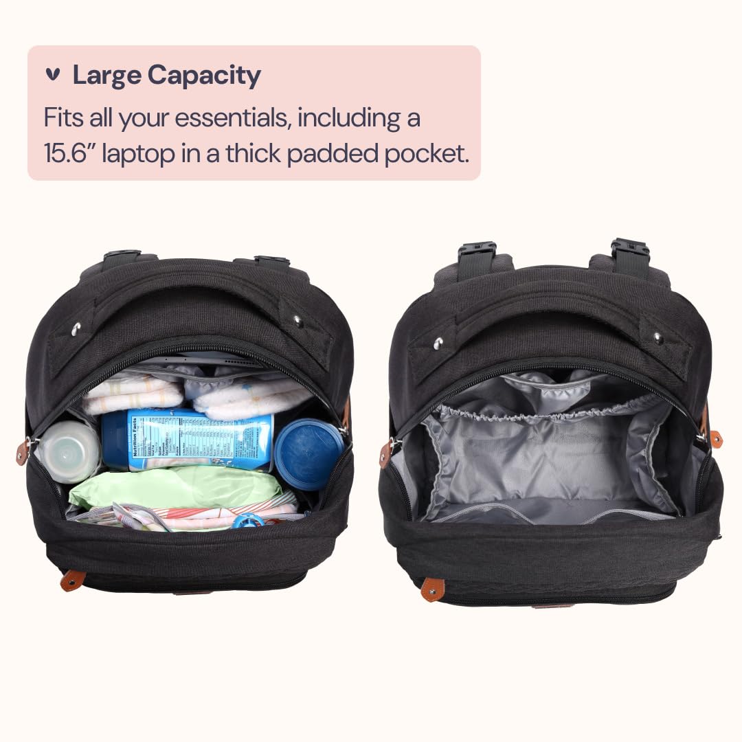 BabbleRoo Diaper Bag Backpack, Travel Backpack with Changing Pad, Pacifier Case & Stroller Straps, Multifunction, Waterproof, Unisex – Black