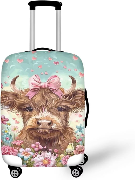 Highland Cow Suitcase Cover Flower Suitcase Protector Fits 18-21 Inch Luggage(Size S) Anti-Scratch Washable Spandex Luggage Cover Stretchable Suitcase Covers with Zipper