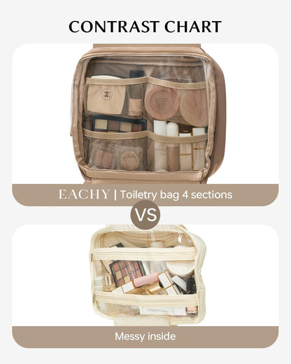 EACHY Hanging Toiletry Bag, Satin 4 Compartments Travel Toiletry Bags for Women, Large Capacity Make Up Organizer Bag with Handle & Compartments (Brown, L)