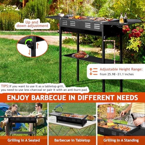 Portable Charcoal Grill, Folding Barbecue Grill with Baking Pan, Carry Bag & Storage Shelf, Outdoor BBQ Smoker for Camping, Garden, Party, Picnic and Patio Cooking