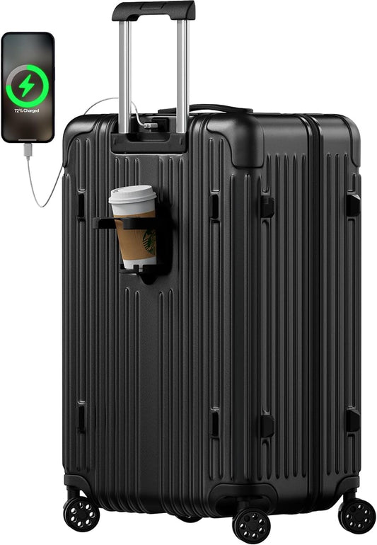 Krute Luggage with Spinner Double Wheels Suitcases with USB Port and Cup Holder TSA Lock PC+ABS Hardside Checked Luggage 28 Inch (Black)
