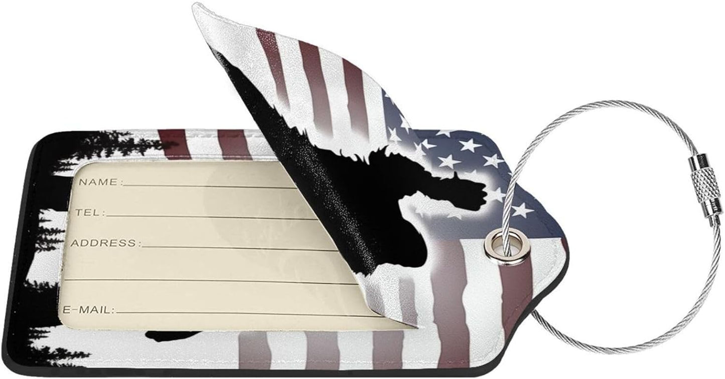 American Flag Leather Luggage Tag with Stainless Steel Ring, Fun Name Id Card Cover Travel Bag Tag Set, Suitable for Travel Bag Luggage Women Men 2 PCS