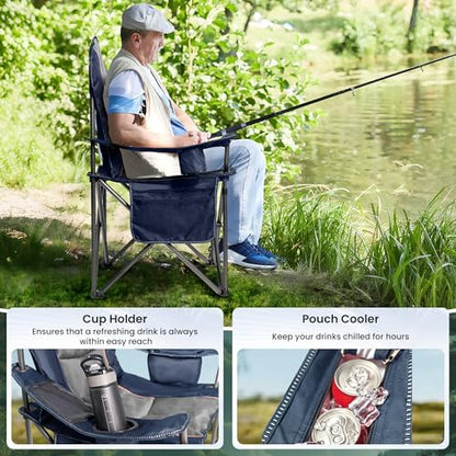 2 Pack Folding Camping Chairs for Adults - High Back Padded Outdoor Lawn Chairs with Lumbar Support & Cup Holder, 500lbs Heavy Duty Portable Camping Chairs Set (Blue & Gray, 2 PCS)
